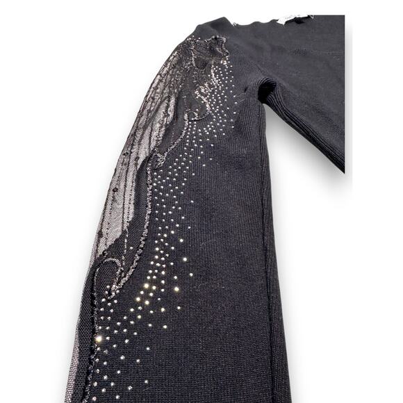 Sweet Rain Black Embellished Knit Crop Top W/ Lace Sleeves Size Medium - Picture 4 of 13